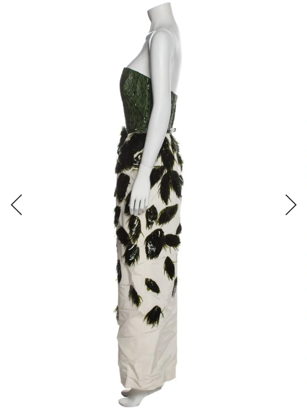 Oscar de la Renta Strapless Green and White Leaf Appliqué Gown - Picture 3 of 8